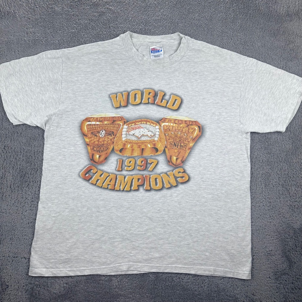 Hanes Denver Broncos T-Shirt Mens XL Gray 1997 World Champions Super Bowl Rings